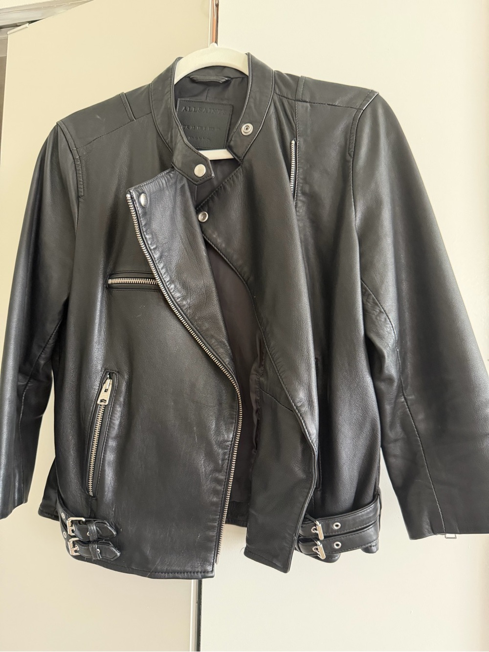 All Saints Black Leather Asymmetric Biker Jacket